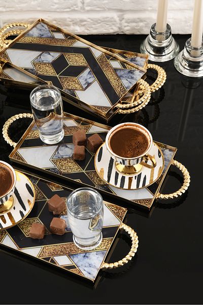 HELVACIOĞLU AKSESUAR 6 Pieces Coffee, Cake, Cake, Baklava, Cookies, Tea Presentation Tray with Handles 12X25 cm Gold