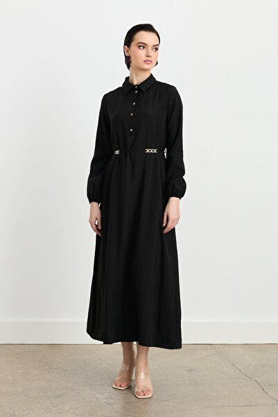 Nihan Kolları Lastikli Önden Düğmeli Gömlek Yaka Viskon Elbise Siyah