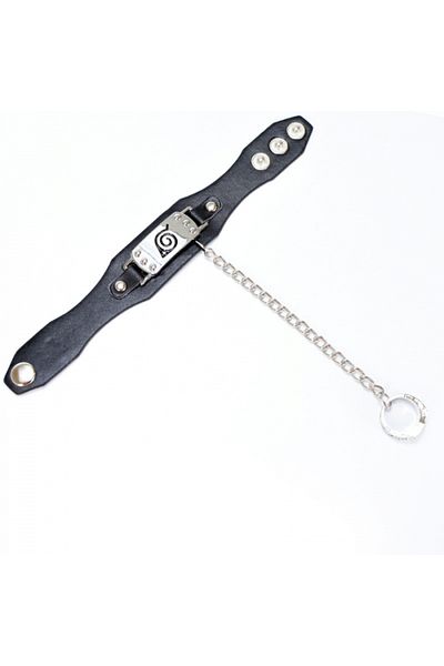 Tessero Bratara din piele Naruto Konoha cu inel, inchidere clips reglabila, Tessero, negru