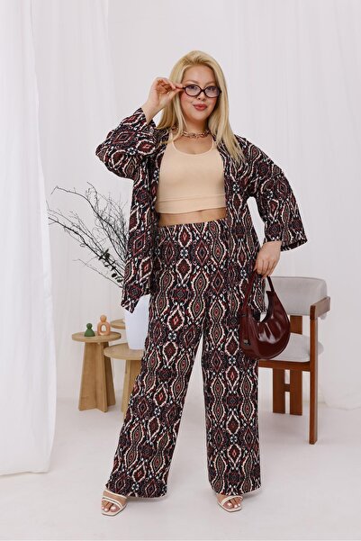 Siyezen Large Size Patterned Lycra Kimono Set