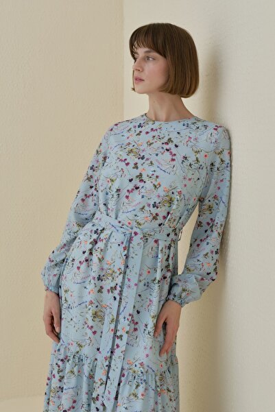 Nihan Çiçek Desenli Eteği Büzgülü Empirme Elbise Mint