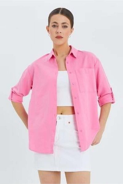 Mixray 9942 Women's Oxford Long Sleeve Basic Shirt Candy Pink