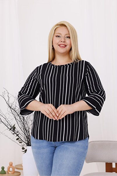 Siyezen Plus Size Striped Flared Sleeve Blouse