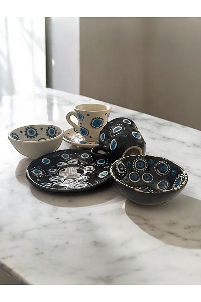 Artistic Quality Fully Handmade Coffee Cup with Decorative Black and White Stylish Tulip Tile Design and 10cm Sauce Bowl
