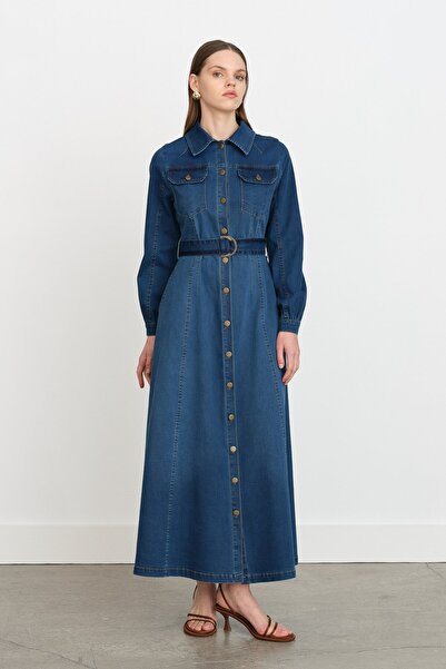 Nihan Önden Düğmeli Kot Denim Elbise İndigo