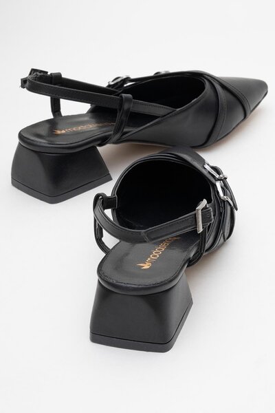CCWAY AYAKKABI Women's Open Back Cross Buckle Heeled Shoes Black Skin