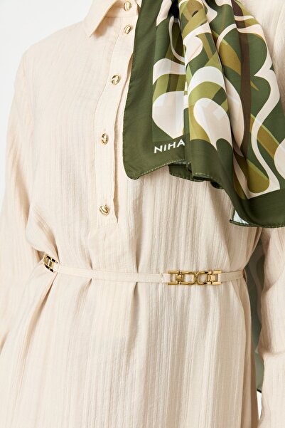 Nihan Kolları Lastikli Önden Düğmeli Gömlek Yaka Viskon Elbise Bej