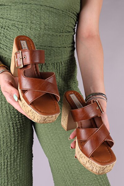 Birikon Roni̇ka Platform Heeled Slippers Taba