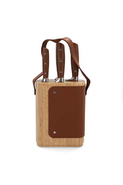 Parfait High Quality Kitchen Knife Set with Leather Stand Silver and Brown