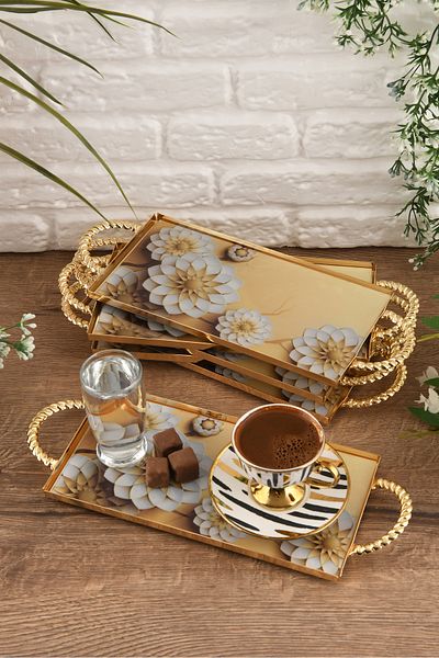 HELVACIOĞLU AKSESUAR 6 Pieces Coffee, Cake, Cake, Baklava, Cookies, Tea Presentation Tray with Handles 12X25 cm Gold