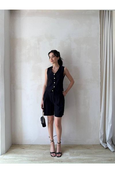 BUTİK ELAJ Women's Black Gabardine Modal Vest Shorts Suit