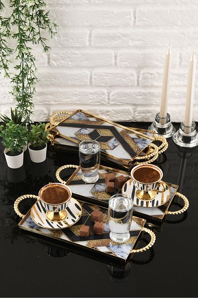 HELVACIOĞLU AKSESUAR 6 Pieces Coffee, Cake, Cake, Baklava, Cookies, Tea Presentation Tray with Handles 12X25 cm Gold