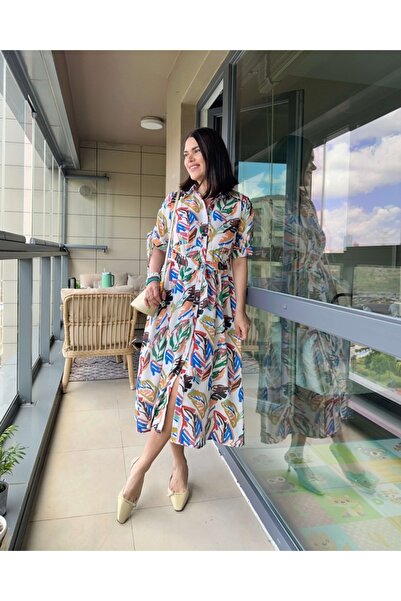 Elif Özbey Butik Renkli Yaprak Desenli Keten Elbise