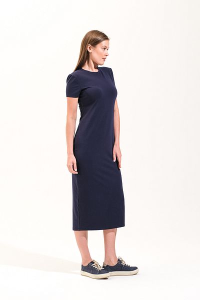 Signature Style 725400_Women's Crew Neck, Short Sleeve, Midi Length, Solid, Lycra Knitted Dress