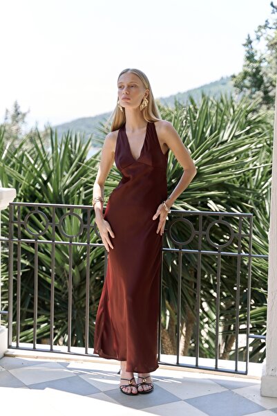 BOHEMAİ Guilia Dekolteli Uzun Bordo Saten Elbise