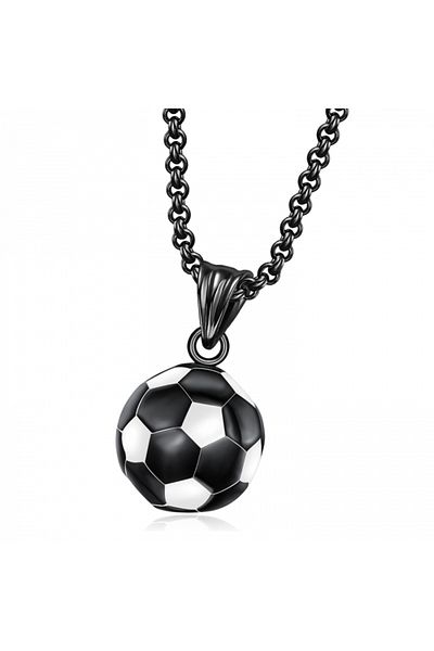 Tessero Cubic Design Necklace with Round Football Pendant, Stainless Steel, Silver-Plated, Tessero, Black