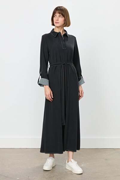 Nihan Gömlek Yaka Kol Detaylı Örme Elbise Siyah