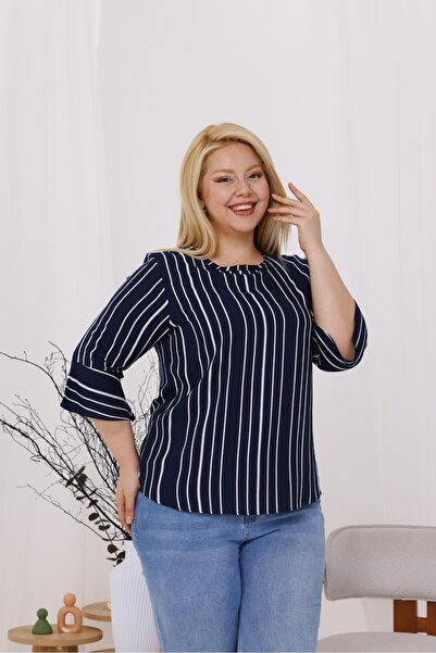 Siyezen Plus Size Striped Flared Sleeve Blouse