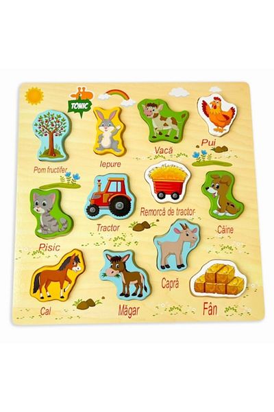 OEM 3D Wooden Puzzle Farm Animals in Romanian Language, 12 Large Pieces, 30x30 cm