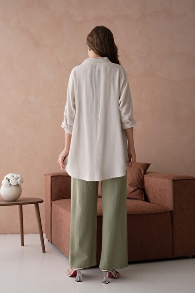 MVStore Women's Patterned Embroidery Embroidered Linen Oversize Standard Size Shirt and Trousers