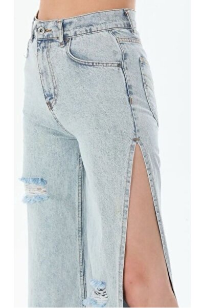 CemBebe Thin Fabric Slit Ice Blue Summer Denim Jeans