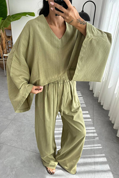 Love Fab Wide Sleeve V Neck Crop Linen Pants Suit