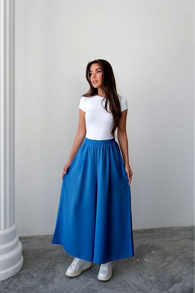 Hatun Atila Wide Cut Flared Double Crepe Trouser Skirt with Elastic Waist - Blue