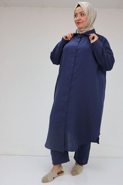 Eslina 57047 Large Size Muslin Trousers Set - Navy Blue