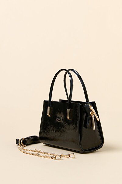 Nihan Gold Detaylı Satchel Çanta Rugan Siyah