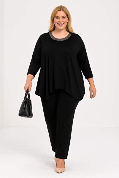 angelino butik Büyük Beden Pantolon Tunik 2 li Battal Abiye Takım KL5001 Siyah
