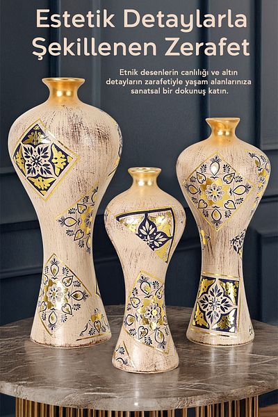 Meleni Home Σετ 3 βάζα Elegance - Διακοσμητικό βάζο με κεραμικό μπλε κίτρινο έθνικ σχέδιο