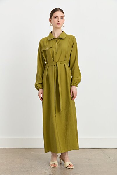 Nihan Yaka Detaylı Kuşaklı Modal Elbise Olive