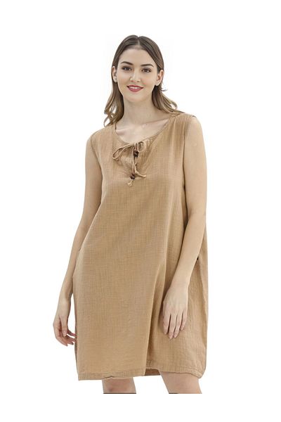 Modasultan Zero Sleeve Back Pleat Detail Double Pocket Collar Lace up Midi Length Muslin Linen Dress