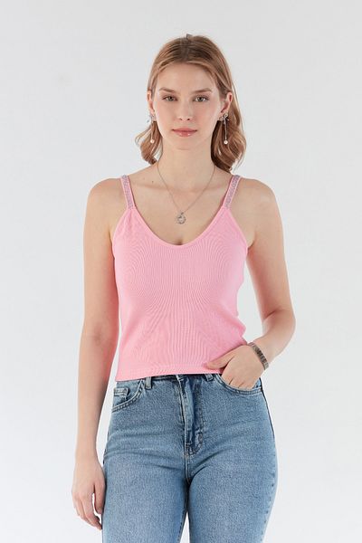 Fulla Moda Μπλούζα με λαιμόκοψη V με λουράκια και λεπτομέρεια από πέτρα
