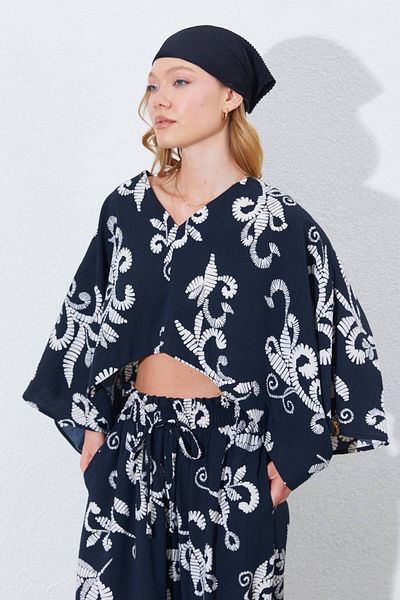 MODAMOR Flower Patterned Linen Kimono & Pants Double Set