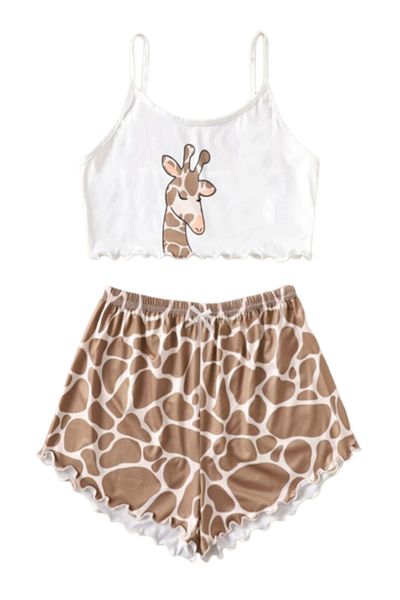 Tessero Set pijama sexy de noapte din bumbac, format din doua piese, model animal print cu girafa, maieu si