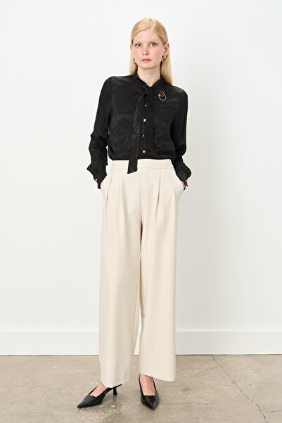 Nihan Arka Beli Lastikli Çift Pileli Palazzo Pantolon Taş