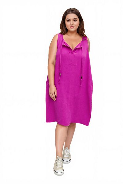 Modasultan Zero Sleeve Back Pleat Detail Double Pocket Collar Lace up Midi Length Muslin Linen Dress