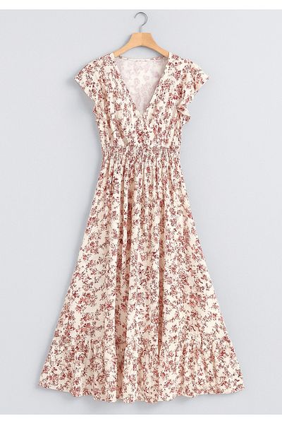 Little Visqon Women Short Sleeve Double Breasted Lapel Elastic Waist Floral Print Dress