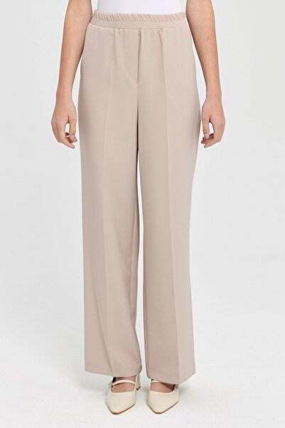 Nihan Beli Lastikli Yüksek Bel Pantolon Bej