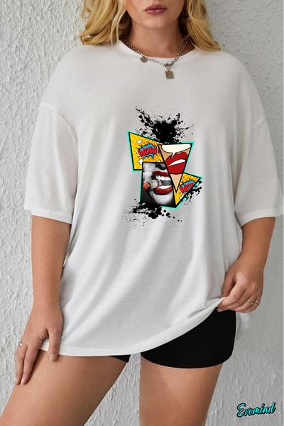 Evomind In Cart 5 and Above Purchases Get 1 T-Shirt as a Gift - Large Size Lip Lightning Printed T-Shirt