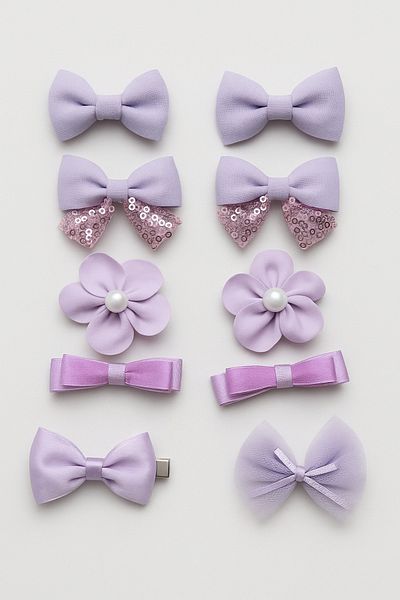 Magu Girl's Lilac Colored 10-Piece Buckle Set – Bow, Pearl Flower and Sequin Detail