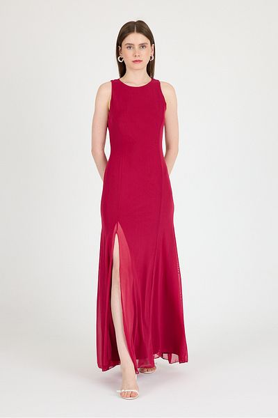 Rays Fuchsia Side Slit Tulle Long Dress 251657