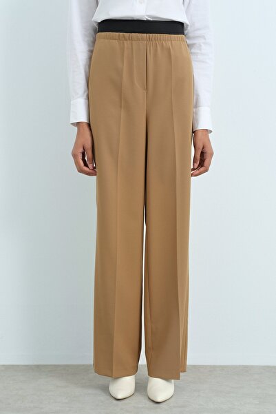 Nihan Beli Lastikli Ütü İzli Bol Paça Pantolon Camel