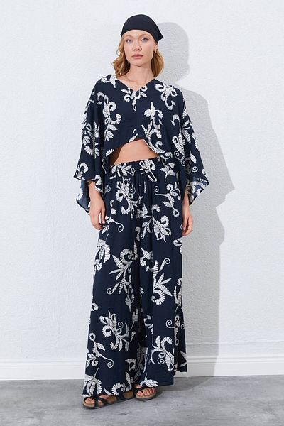 MODAMOR Flower Patterned Linen Kimono & Pants Double Set