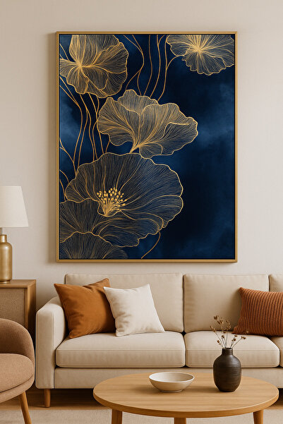 seninürünün Geceye Açan Çiçekler - Gerçek Cama Baskı Gold Alüminyum Metal Çerçeveli Tekli Modern Tablo