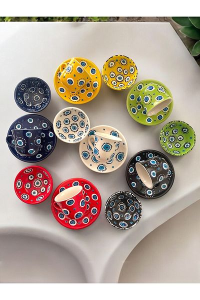 Artistic Quality Decorative 6-Person Stylish Tulip Tile Designed Completely Handmade Coffee Cup and 10 cm Sauce Cup