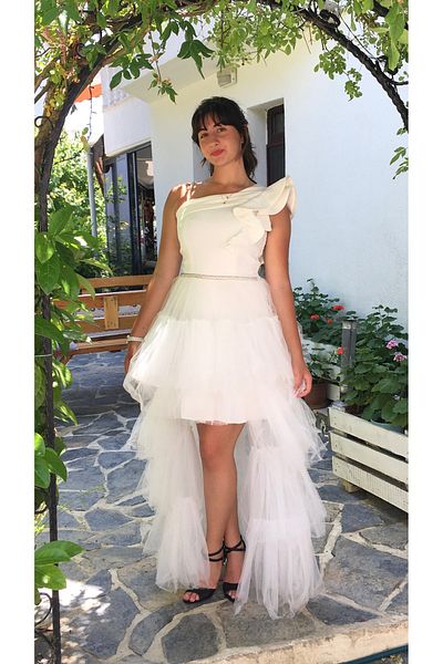 Erkut Girl's One Sleeve Detailed Tulle Skirted Tail Evening Dress