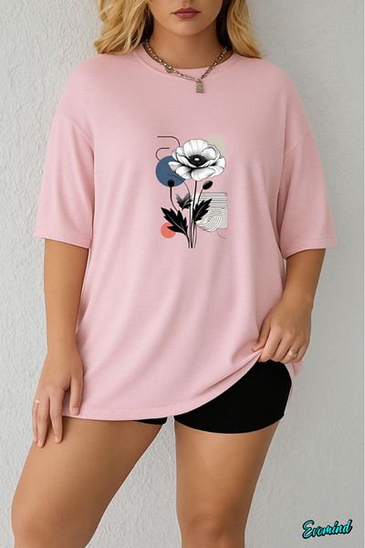 Evomind In Cart 5 or More Purchases Get 1 T-Shirt as a Gift - Large Size Floral Printed T-Shirt