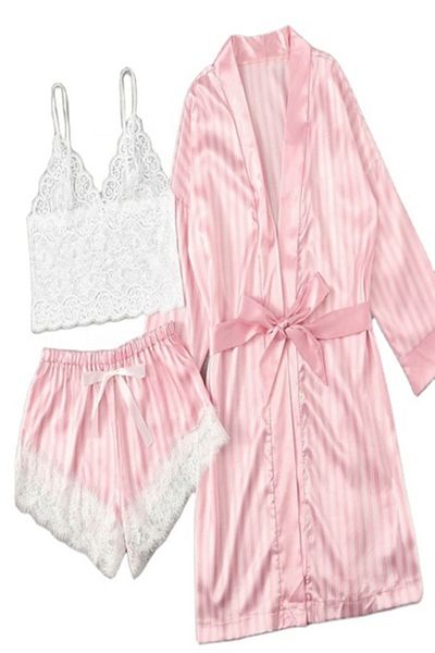 Tessero Sexy nightwear pajama set with robe, striped satin and lace pattern, 3 pieces, bustier and pants